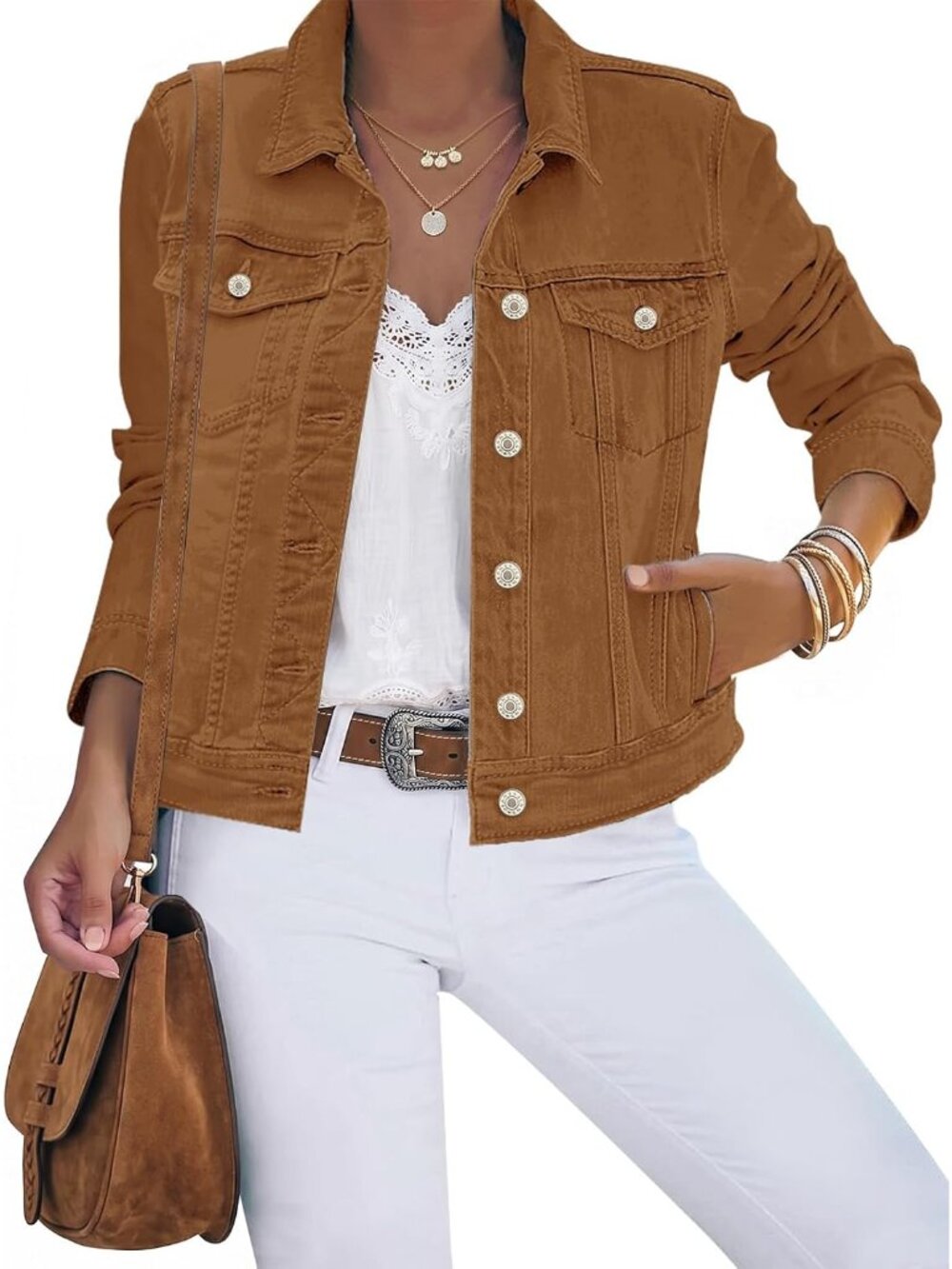 Women's Basic Button Down Stretch Fitted Long Sleeves Denim Jean Jacket